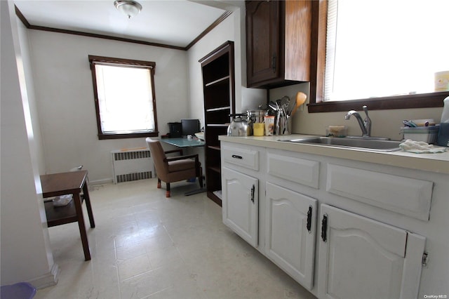 kitchen with white cabinets, crown molding, radiator heating unit, and sink