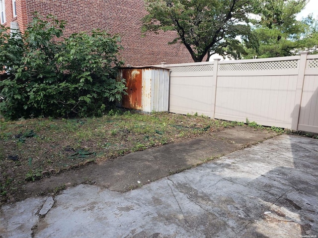 view of yard featuring a patio and a storage unit