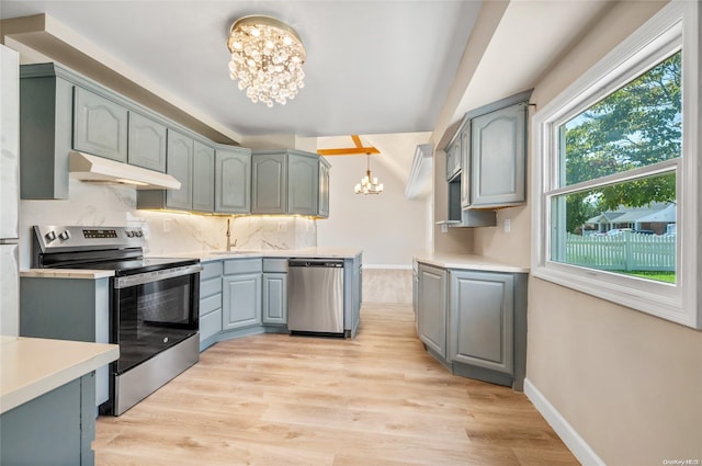 kitchen featuring sink, hanging light fixtures, light hardwood / wood-style flooring, a notable chandelier, and stainless steel appliances