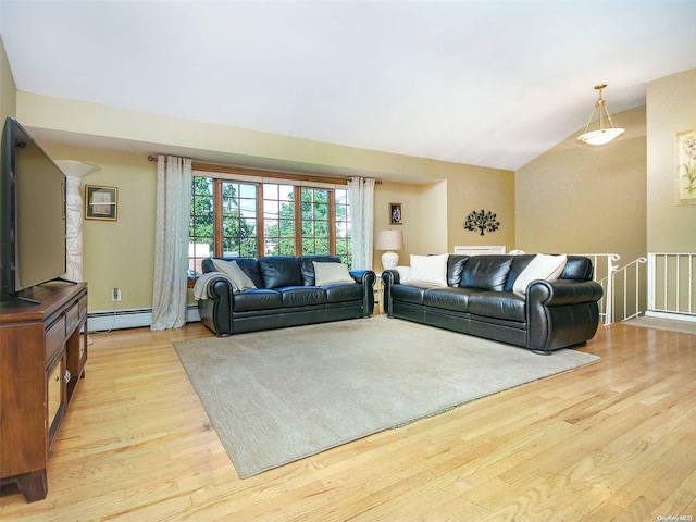 living room with light wood-type flooring, baseboard heating, and vaulted ceiling