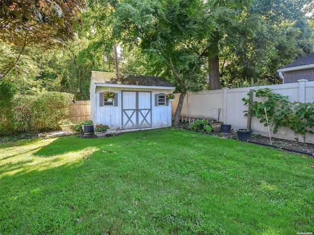 view of yard featuring a shed