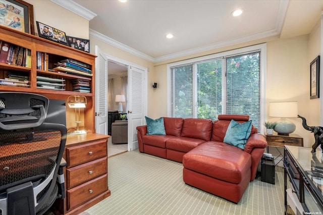 office featuring light carpet and ornamental molding