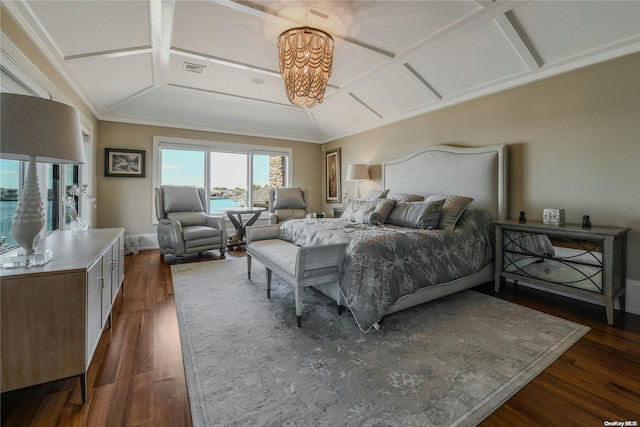 bedroom with coffered ceiling, dark wood finished floors, visible vents, and baseboards