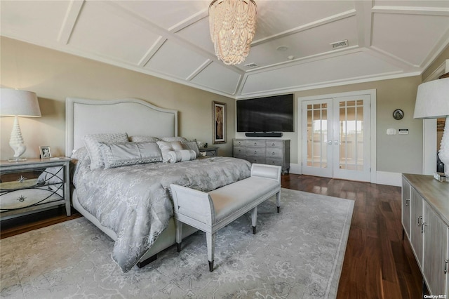 bedroom featuring visible vents, wood finished floors, vaulted ceiling, french doors, and a notable chandelier