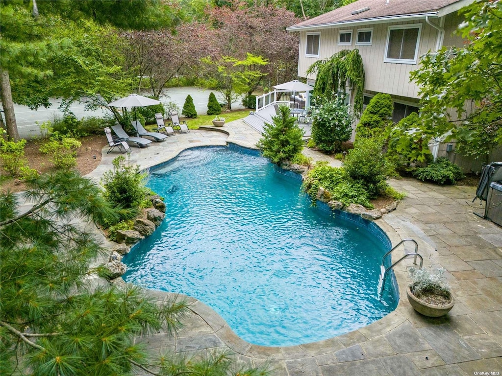 view of swimming pool featuring a patio area