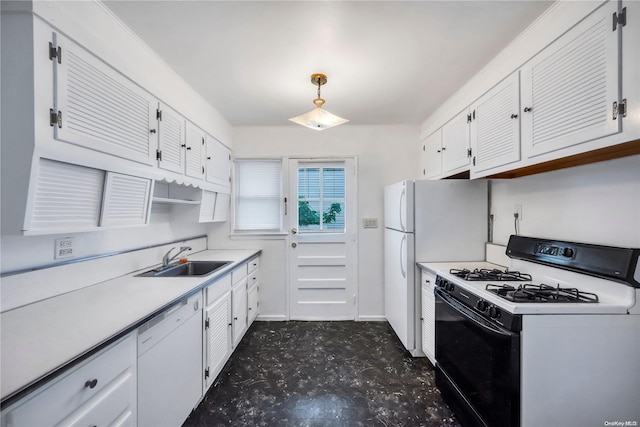 kitchen with white cabinetry, white appliances, sink, and hanging light fixtures