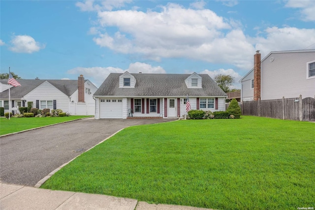 cape cod house featuring a front lawn, covered porch, and a garage