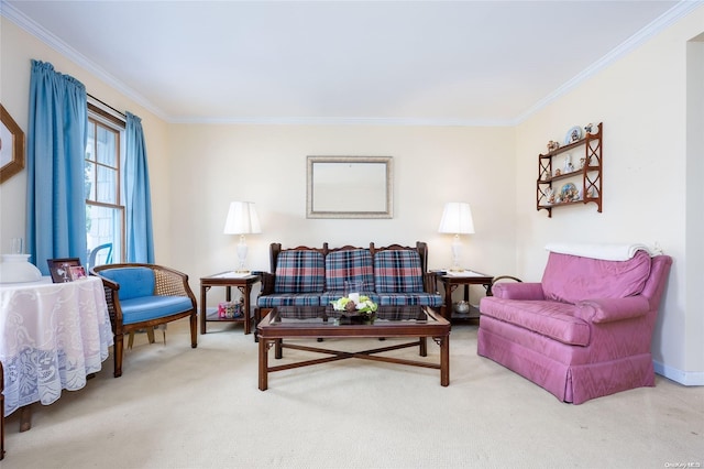 carpeted living room featuring ornamental molding