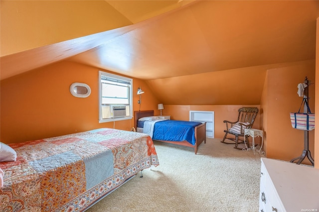 bedroom featuring carpet flooring, cooling unit, and lofted ceiling