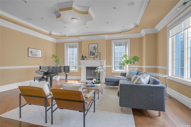 living room featuring a healthy amount of sunlight, a raised ceiling, ornamental molding, and light hardwood / wood-style flooring