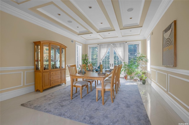 dining area featuring beamed ceiling, tile patterned floors, crown molding, and coffered ceiling