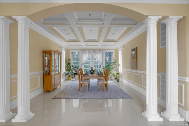 unfurnished dining area featuring beamed ceiling, coffered ceiling, and ornamental molding