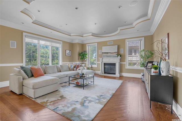 living room featuring a healthy amount of sunlight, a raised ceiling, and crown molding