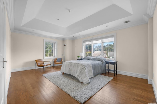 bedroom with a tray ceiling, multiple windows, and hardwood / wood-style flooring