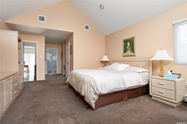 bedroom with connected bathroom, high vaulted ceiling, and dark colored carpet