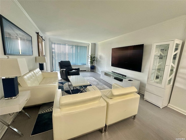 61-20 Grand Central Pkwy Unit B401, Forest Hills, NY 11375 - living room featuring wood-type flooring, a barn door, and crown molding