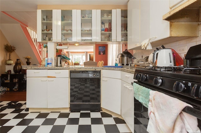 kitchen with white cabinets, black dishwasher, extractor fan, and sink