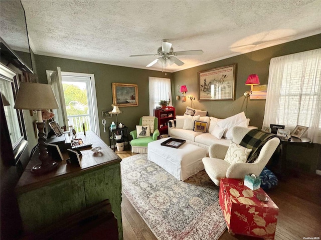 living room featuring hardwood / wood-style floors, a textured ceiling, ceiling fan, and ornamental molding