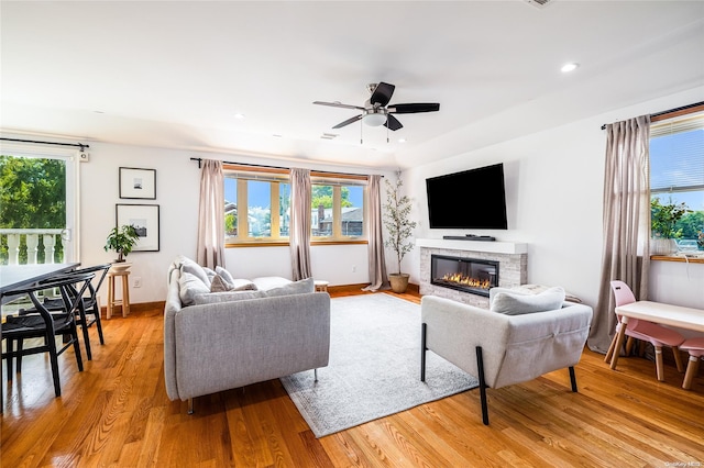 living room with ceiling fan and light hardwood / wood-style flooring