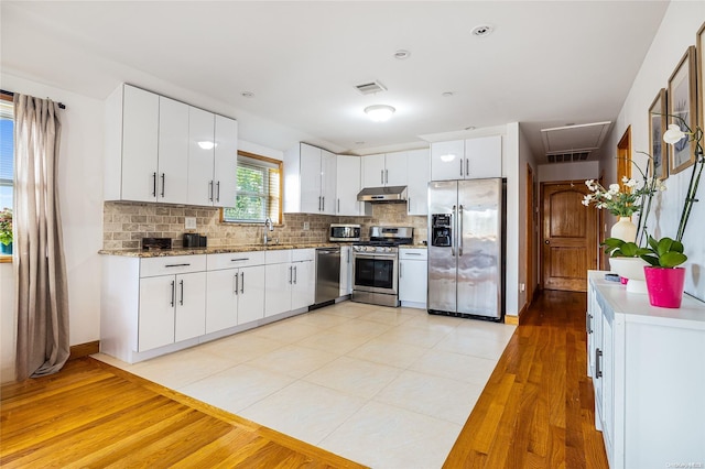 kitchen with white cabinetry, sink, light hardwood / wood-style flooring, backsplash, and appliances with stainless steel finishes