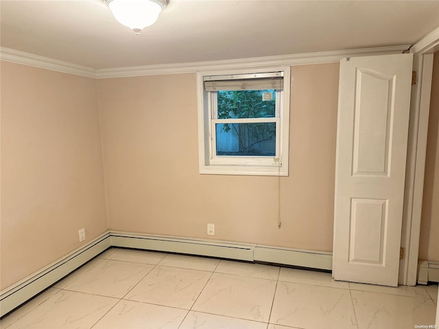 unfurnished room featuring ornamental molding and baseboard heating