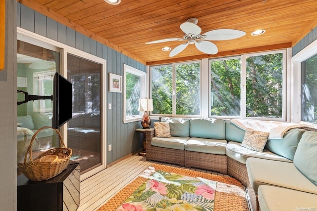 sunroom with wooden ceiling