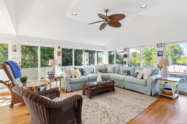 216 Broadway, Saltaire, NY 11706 - living area featuring high vaulted ceiling, light wood finished floors, ceiling fan, and recessed lighting