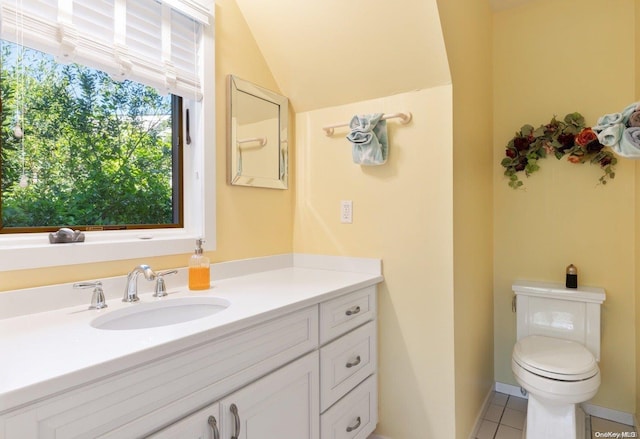 216 Broadway, Saltaire, NY 11706 - bathroom with vanity, tile patterned floors, and vaulted ceiling