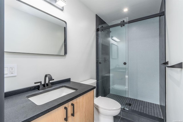216 N St, Greenport, NY 11944 - bathroom featuring vanity, a shower stall, and tile patterned floors