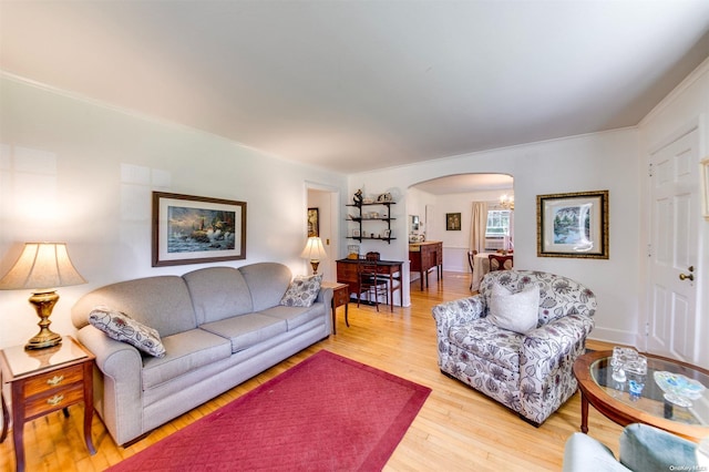 living room featuring ornamental molding and light hardwood / wood-style flooring