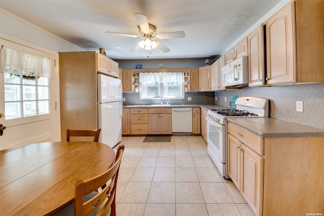 kitchen with decorative backsplash, light brown cabinetry, white appliances, ceiling fan, and crown molding