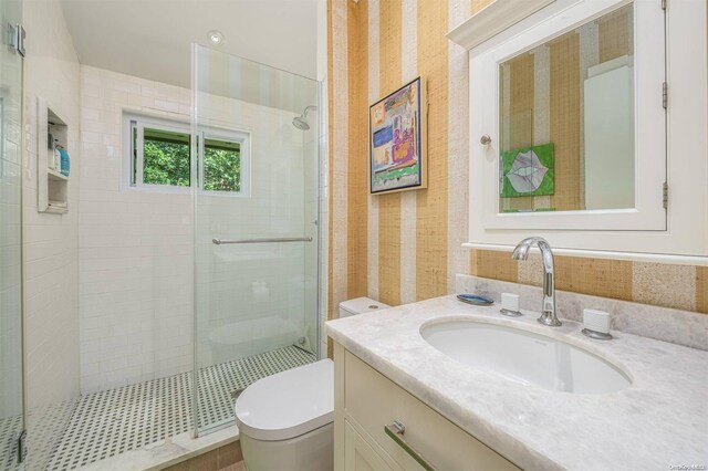 bathroom with vanity, an enclosed shower, and toilet