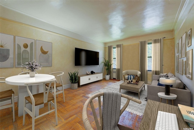 living room featuring parquet floors and ornamental molding