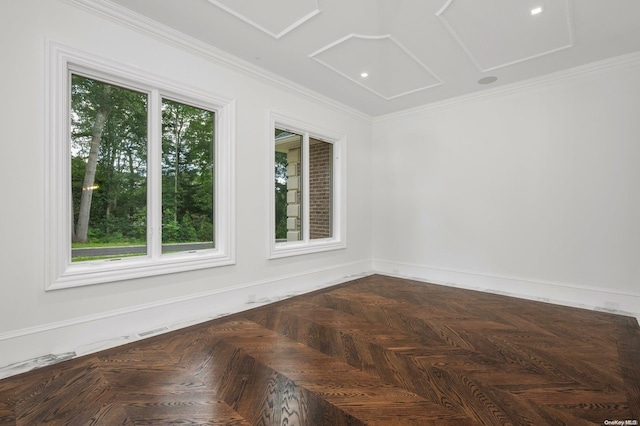 empty room featuring crown molding, dark parquet floors, and a healthy amount of sunlight