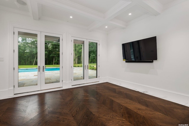 interior space with beamed ceiling, french doors, and plenty of natural light