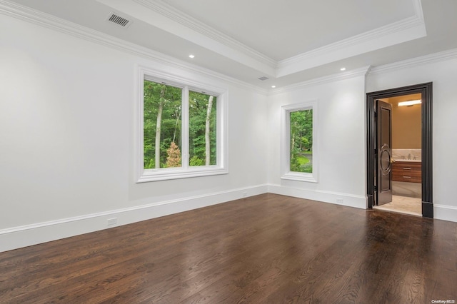 spare room featuring ornamental molding, dark wood-type flooring, and a tray ceiling