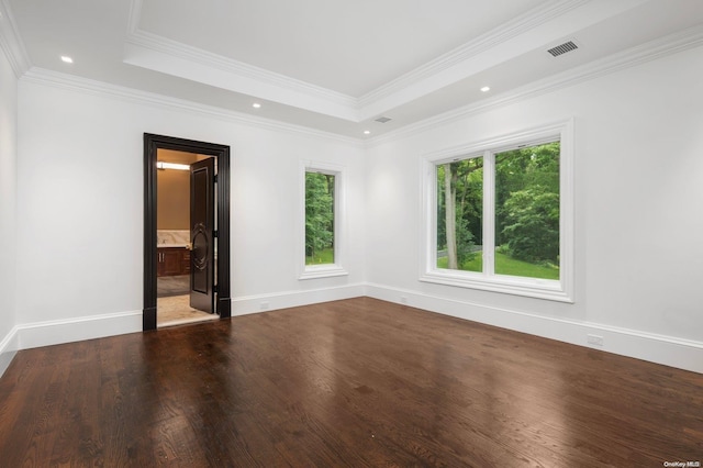 spare room featuring a tray ceiling, crown molding, and hardwood / wood-style flooring