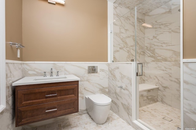 bathroom with walk in shower, vanity, toilet, and tile walls