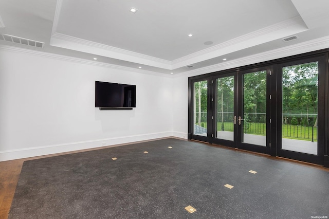 spare room featuring a raised ceiling, crown molding, and a wealth of natural light