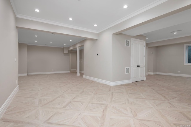 basement with ornamental molding and light parquet flooring