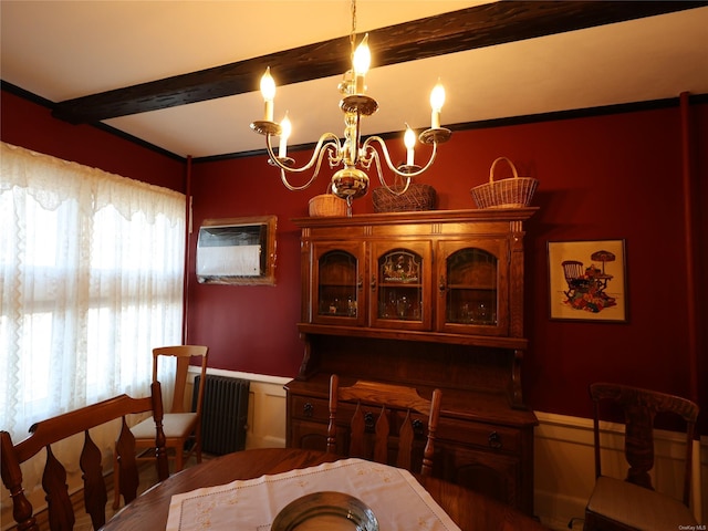 dining room featuring beamed ceiling, a chandelier, and radiator