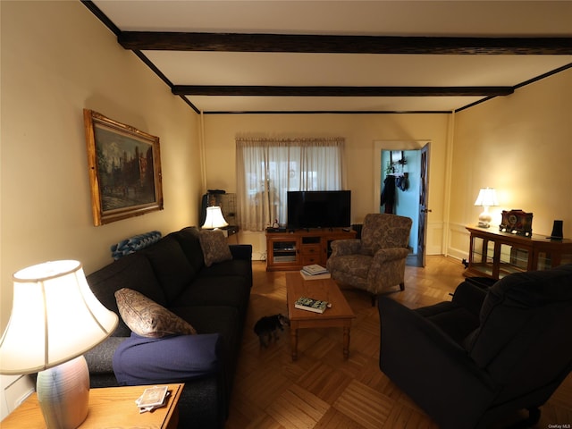 living room featuring beamed ceiling and parquet floors