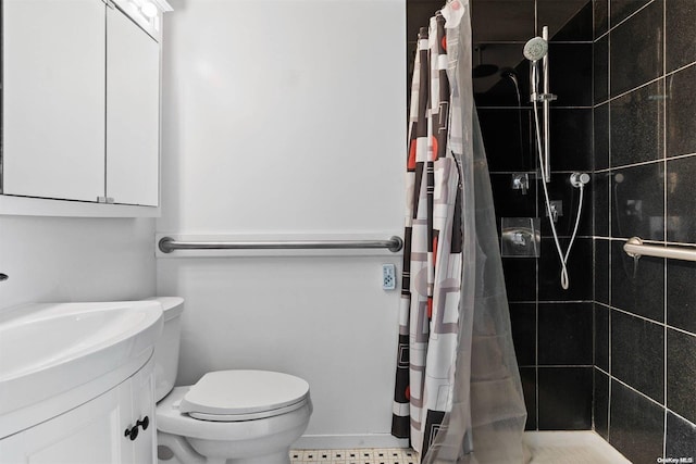 bathroom with toilet, tile patterned flooring, and walk in shower