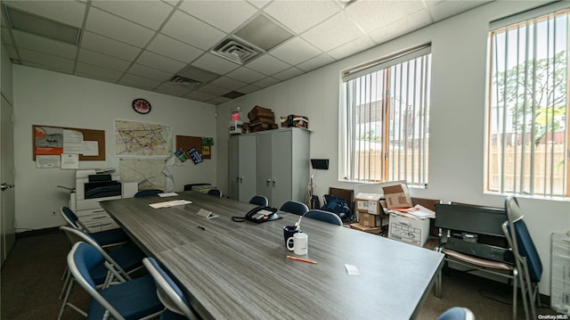 office with carpet flooring and a paneled ceiling