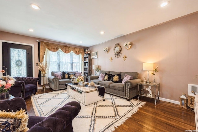 living room with dark hardwood / wood-style floors