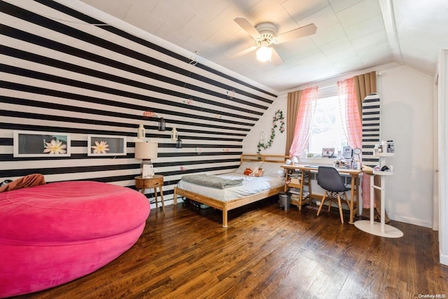 bedroom featuring vaulted ceiling, ceiling fan, and dark wood-type flooring