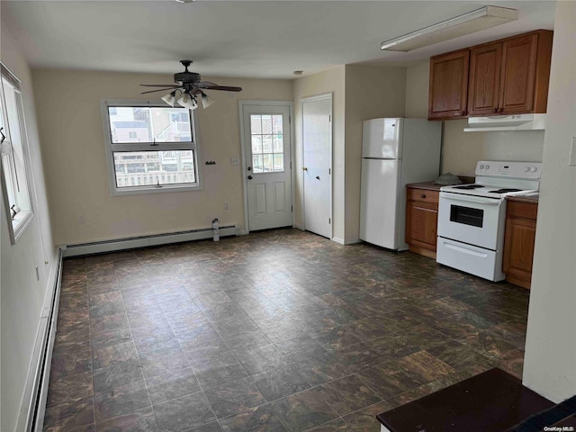 kitchen with white appliances, baseboard heating, and ceiling fan