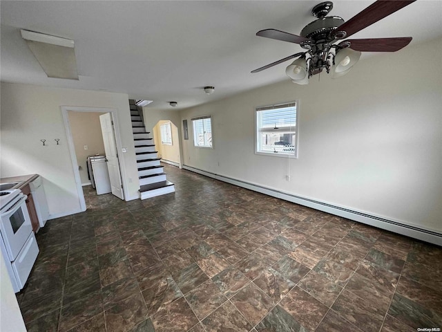 unfurnished living room with ceiling fan and baseboard heating