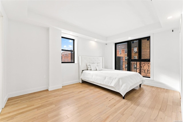 bedroom featuring light hardwood / wood-style floors and a tray ceiling