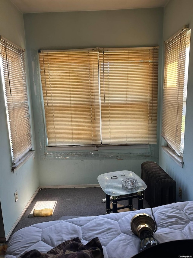 carpeted bedroom featuring radiator